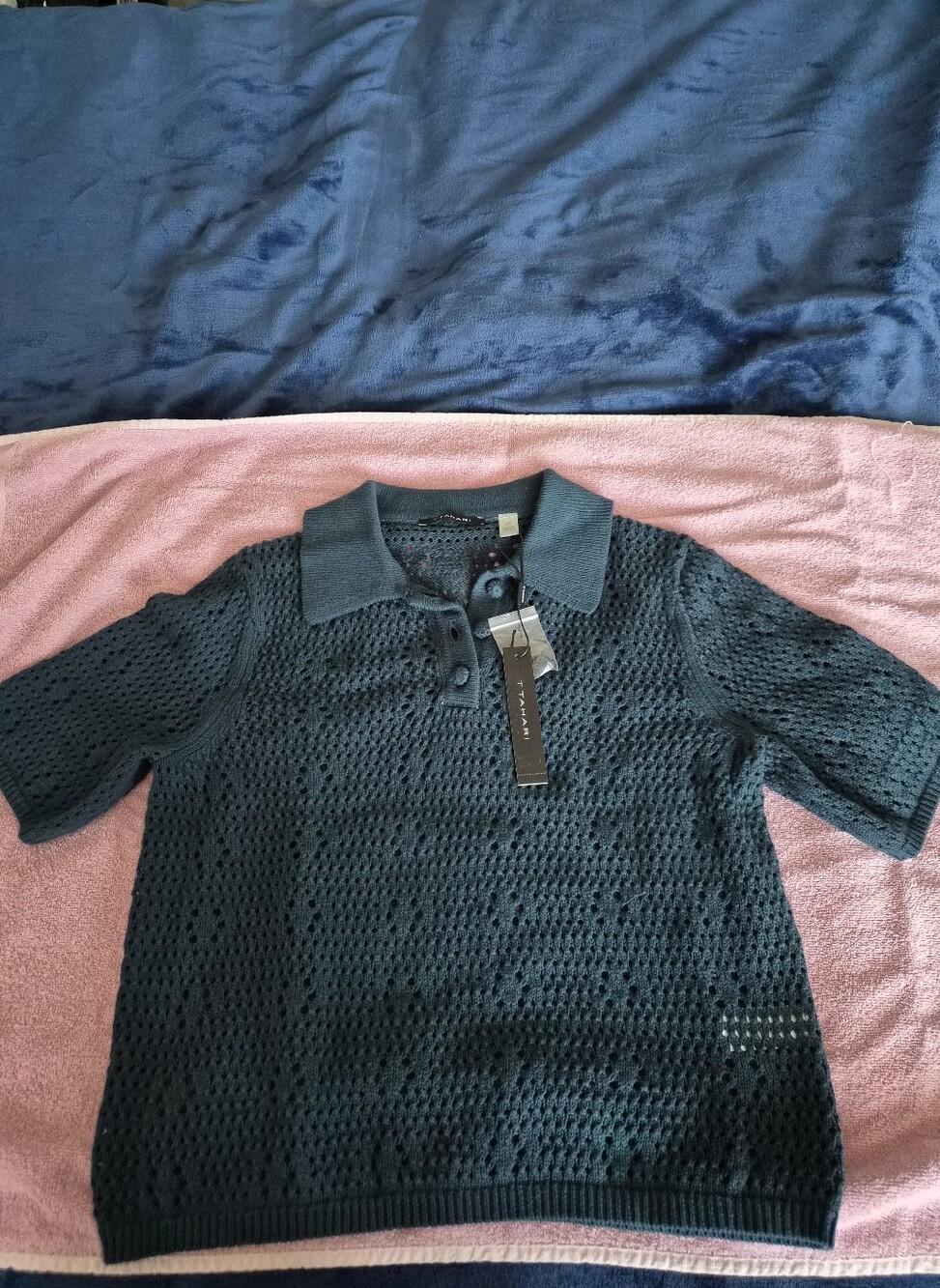 Tahari Teal Open Knit Polo with Button Placket